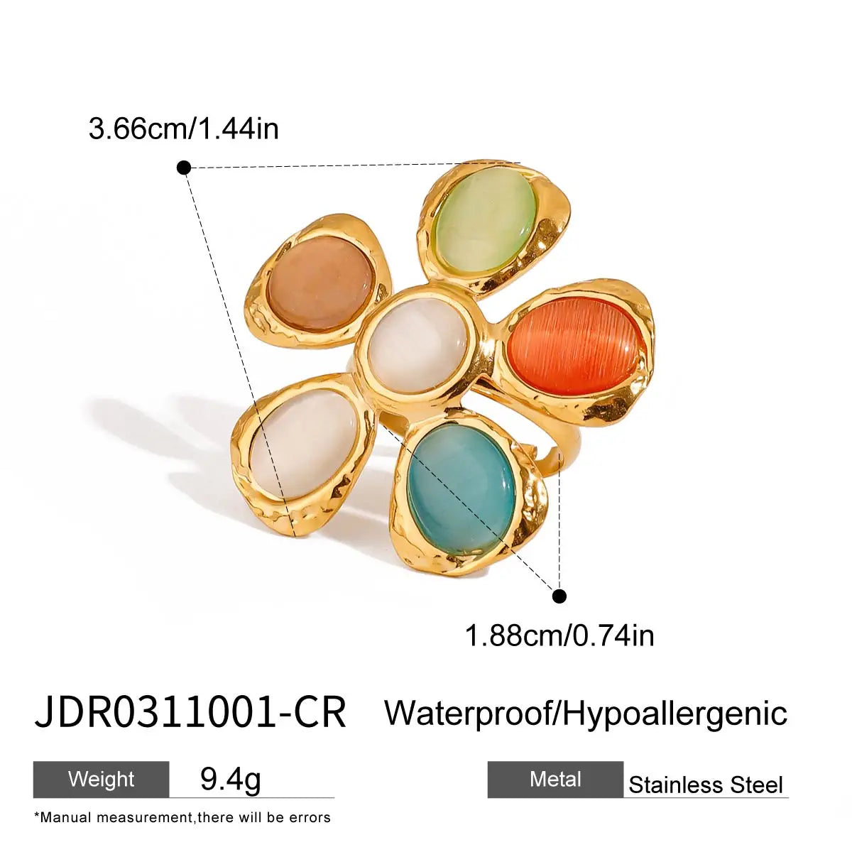 Minimalistische 18k vergoldete Edelstahl bunte Katzenaugenstein Hammer Blumen Ohrringe Ring Damen Anti-Allergie Charms Schmuck