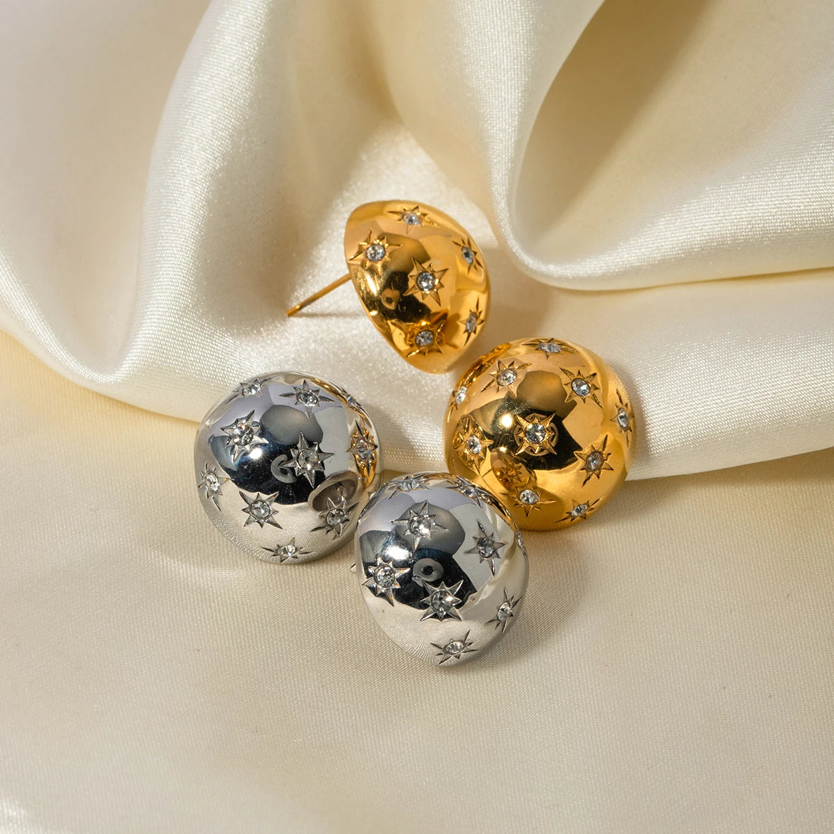 18k Gold Plated Delicate Stainless Steel Star Hemisphere Earrings Inlay Rhinestone Light Cozy Rust Proof Bijoux Femme Gala Gift - Grand Goldman