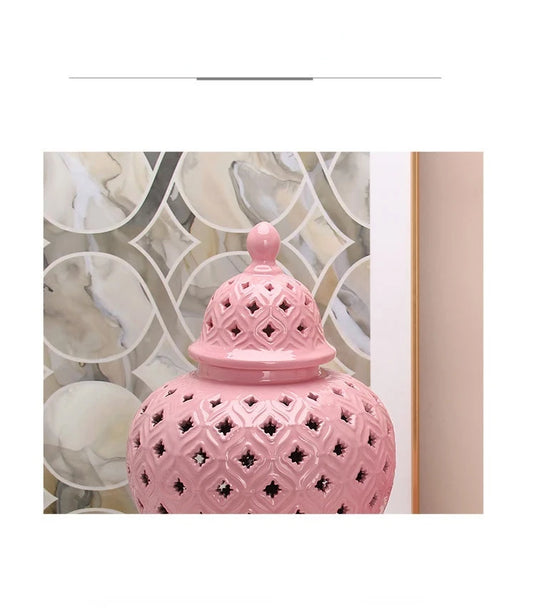 Pink Hollow General Jar Ceramic Ginger Jar Vase Candy Storage Jar Art Decorative Tank Flower Arrangement Home Craft Decoration