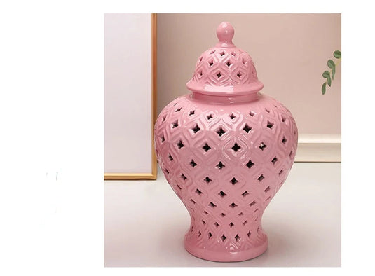 Pink Hollow General Jar Ceramic Ginger Jar Vase Candy Storage Jar Art Decorative Tank Flower Arrangement Home Craft Decoration