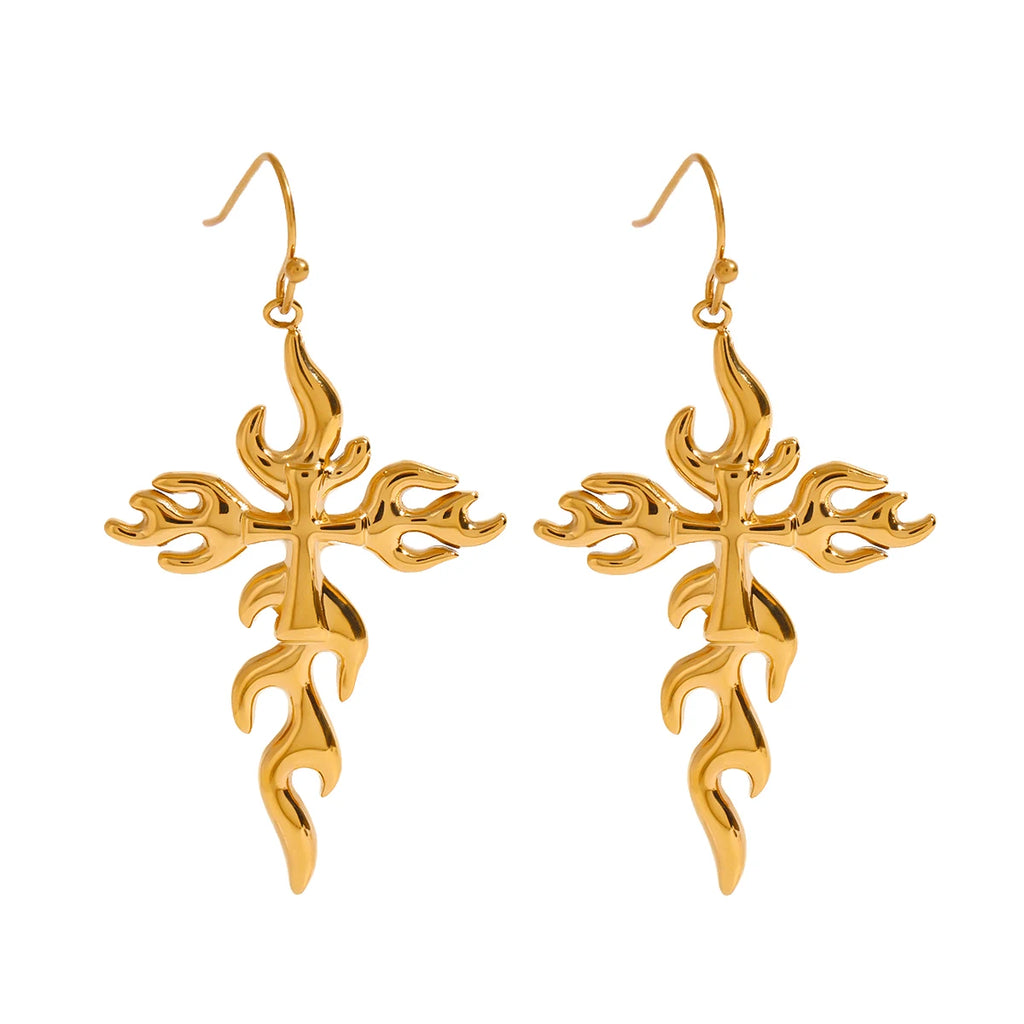 Creative 18K Gold Plated Stainless Steel Geometric Cross Flame Hook Earrings Women Waterproof Attractive Romantic Jewelry