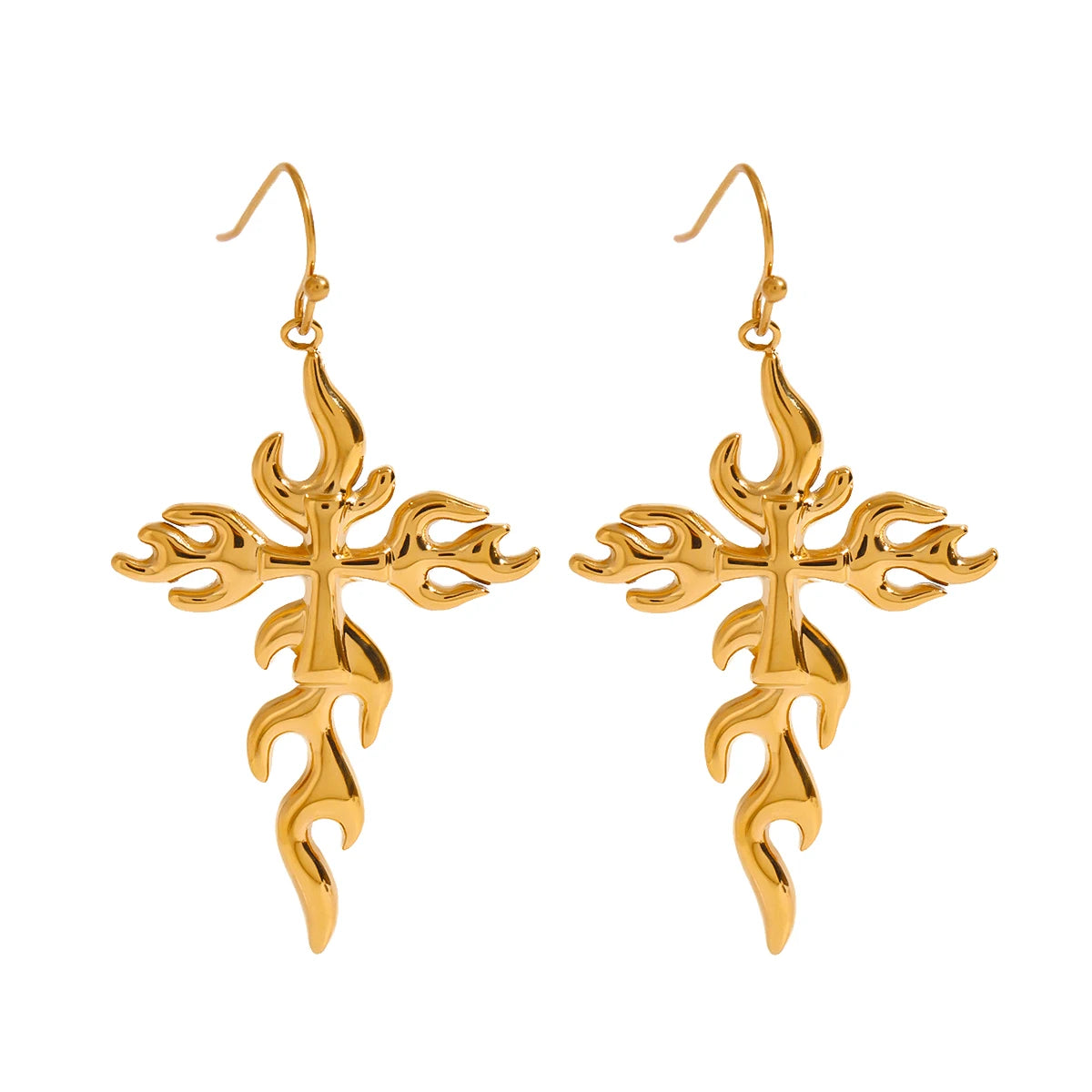 Creative 18K Gold Plated Stainless Steel Geometric Cross Flame Hook Earrings Women Waterproof Attractive Romantic Jewelry