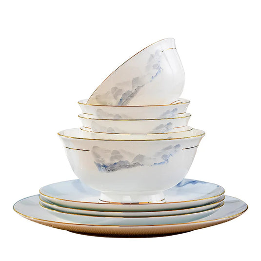 Jingdezhen Light Luxury Wind Bowl and Dish Set Household Bone Porcelain Tableware Bowls, Chopsticks, and Dishes Complete Set