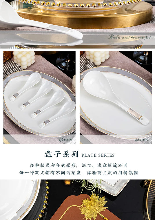 Vaisselle en céramique Jingdezhen, ensemble de bols, assiettes, cuillères, ensemble complet de bols et plats en porcelaine d'os, ensemble ménager