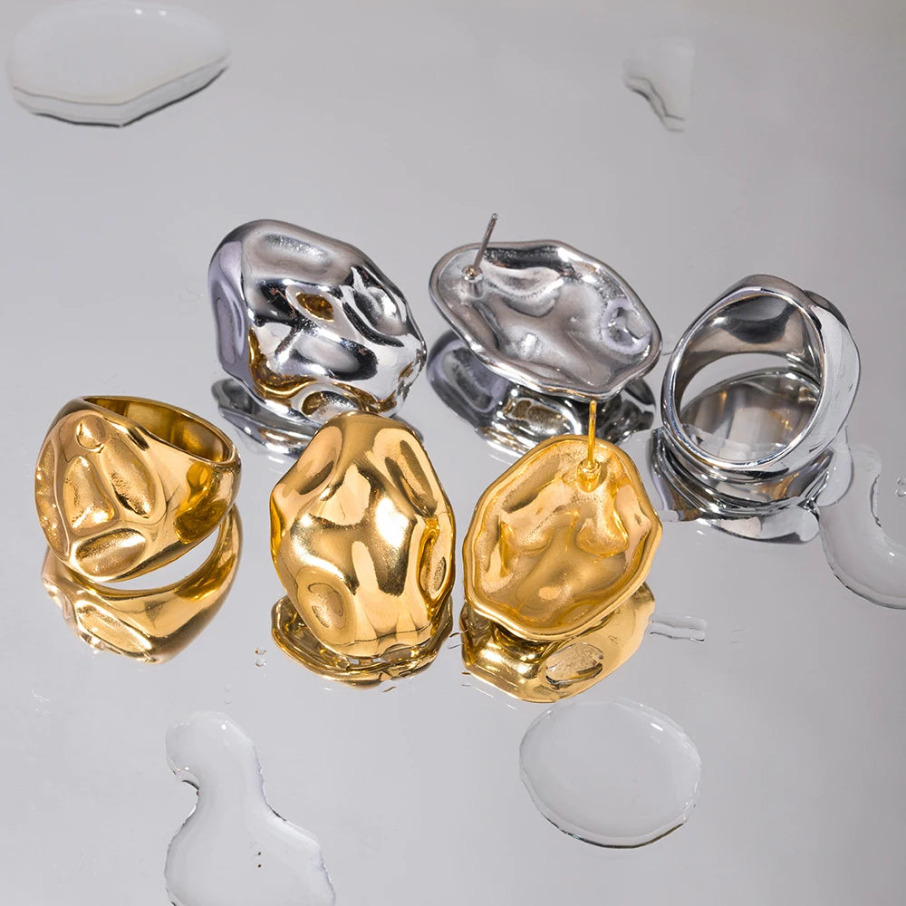 18K vergoldeter Edelstahl wasserdicht Lavatextur konkave Ohrring-Ring-Kombination Statement-Schmuck Frauen Party Geschenk