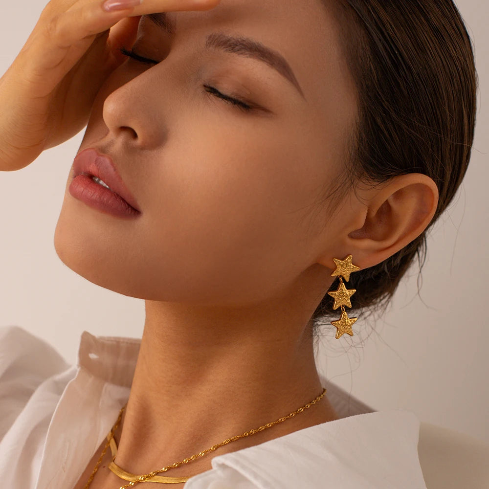 Tarnish Free Hammer Effect Geometric Pentagram Design Stainless Steel Earrings PVD Plating Waterproof 18k Smooth Pendant Earring