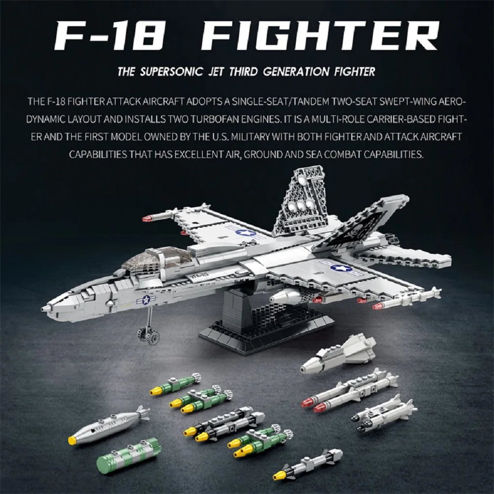 F-18 Strike Hornet Fighter Building Blocks Set, Jet Fighter Construction Kit, Military Toy Gift for Adults, Teens 14+, 1387 Pcs