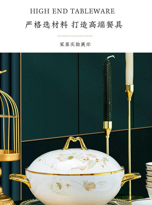 Jingdezhen Ceramic Tableware, Light Luxury Bone Porcelain Tableware Set, Household Bowl and Chopstick Plate Combination