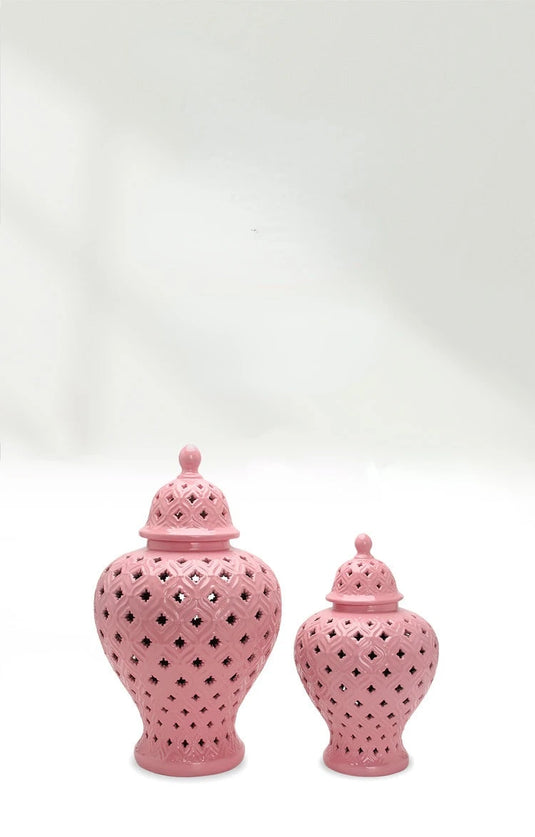 Pink Hollow General Jar Ceramic Ginger Jar Vase Candy Storage Jar Art Decorative Tank Flower Arrangement Home Craft Decoration