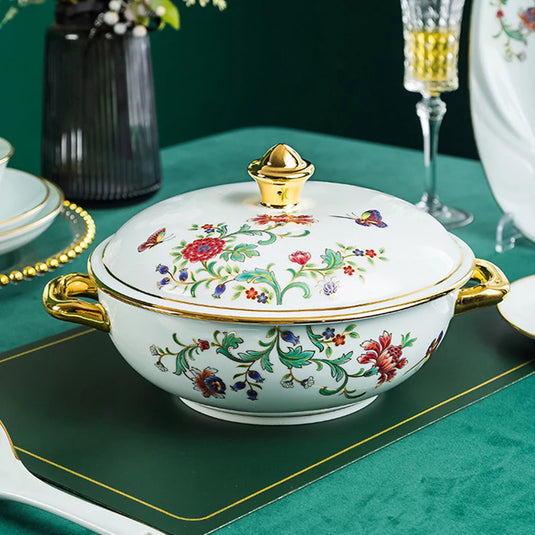 Ensemble de vaisselle de 68 pièces Ensemble de bols et plats Ensemble de 68 pièces Processus de dorure Floral Papillon Double Oreille Pot Assiette Cuillère Tasse à ragoût Ensemble combiné