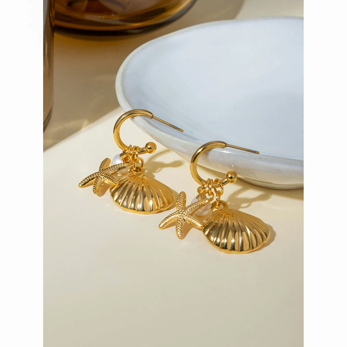 Summer 18K Gold Plated Sea Ocean Series Vintage Gold Starfish Shell Earrings Stainless Steel Statement Waterproof Jewelry