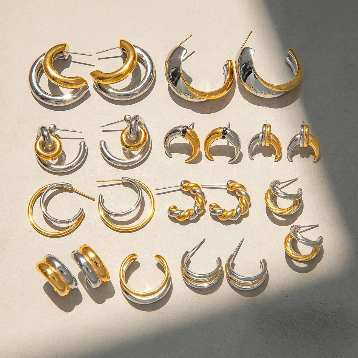 18K Gold Plated Silver Gold Color Matching C shape Hoops Triple Layer Huggy Huggie Mixed Anti Allergic Waterproof Charm Jewelry