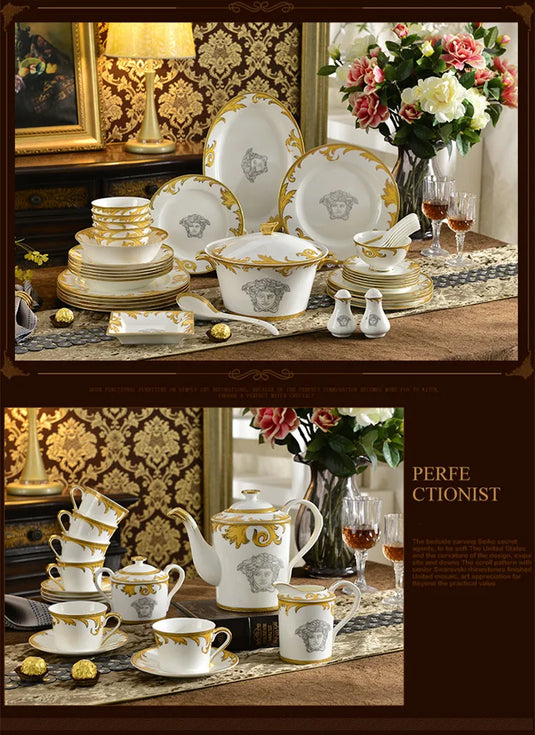 Coffrets de table de luxe en porcelaine 58 pièces Service de table Service à café Plats Bol Cuillère et assiettes