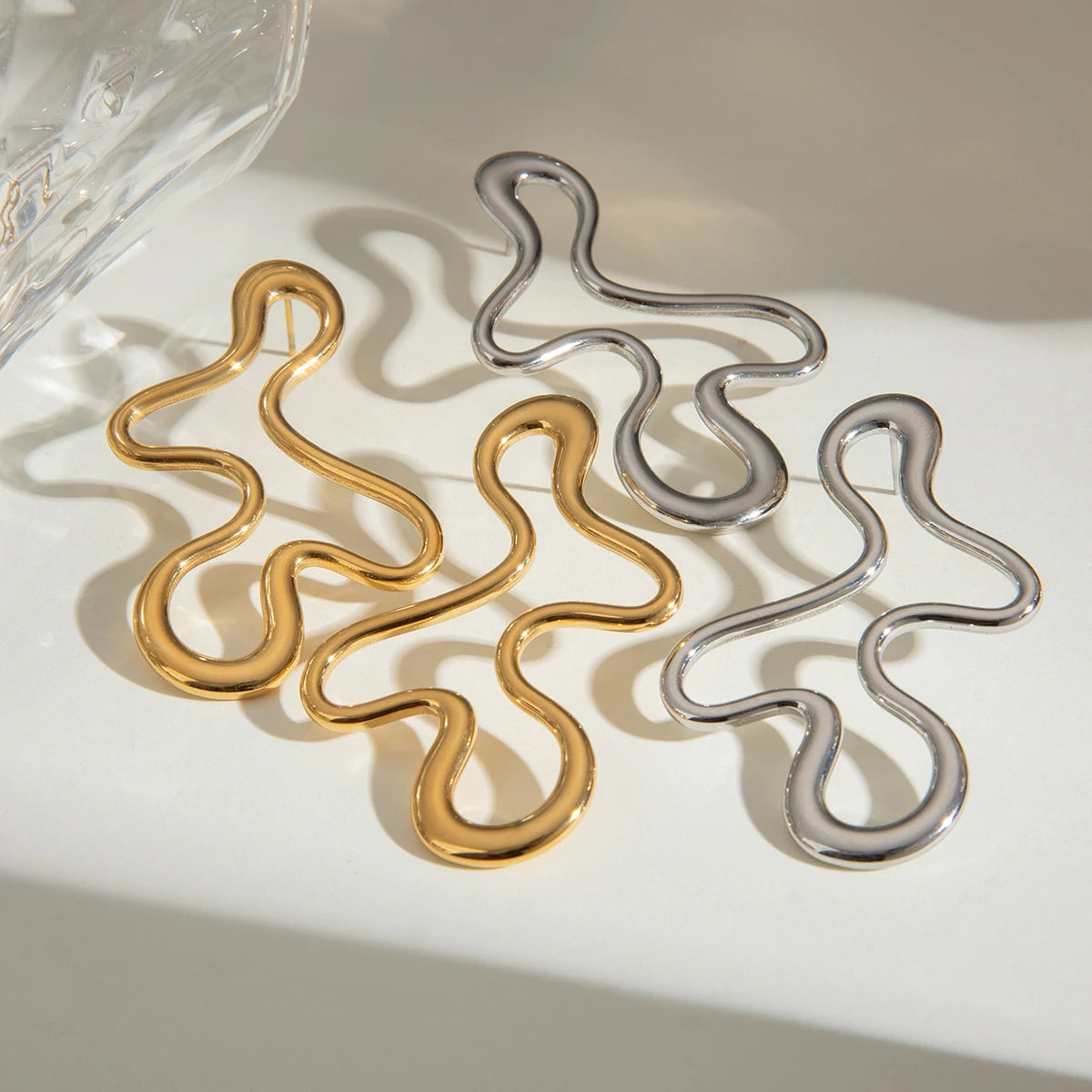 18K Gold Plated Statement Irregular Line Hollow Earrings Women Stainless Steel Minimalist Metal Rust Proof Stylish Jewelry