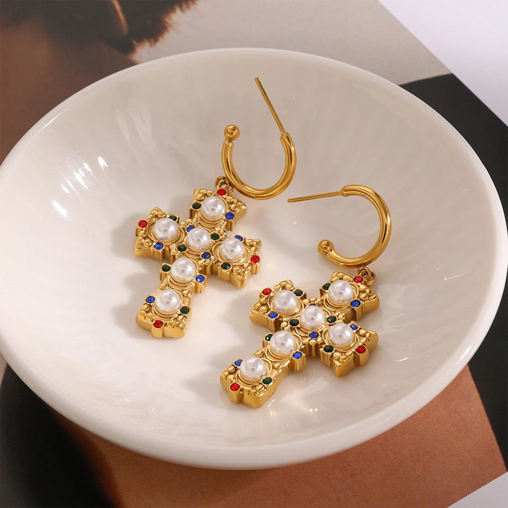 18k Gold Plated Stainless Steel High End Diamond Bead Cross Pendant Earring Prevent Allergy Temperament Fashion Charm Jewelry