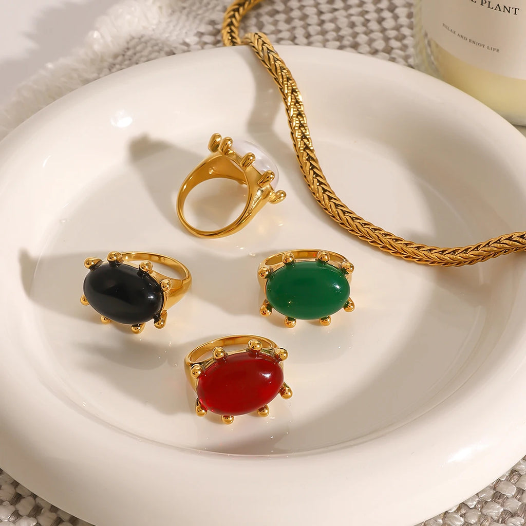 Exquisite 18k Gold Plated Stainless Steel Vintage Exaggerated Inlaid Green Agate Ring Size 7 Women Trendy Charm Chic Jewelry