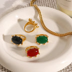 Exquisite 18k Gold Plated Stainless Steel Vintage Exaggerated Inlaid Green Agate Ring Size 7 Women Trendy Charm Chic Jewelry