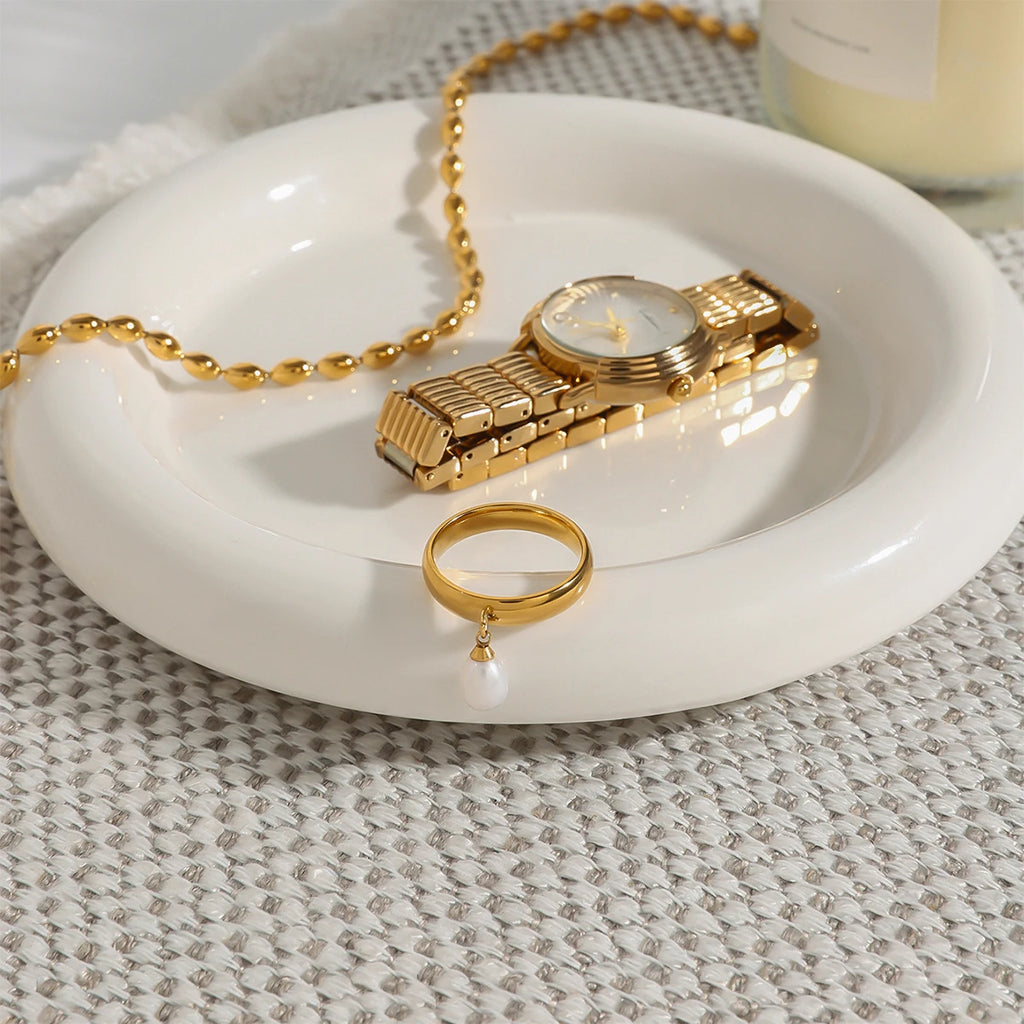 18k Gold Plated Stainless Steel Simple Elegant Freshwater Pearl Smooth Ring Size 7 Women Trendy Charm Chic Jewelry Gala Gift