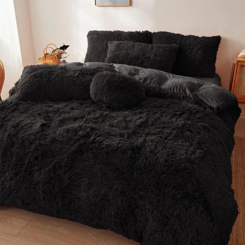 Ultra Soft Black Faux Fur 3-Piece Queen Comforter Set – Plush Fluffy Bedding with Duvet Cover and 2 Pillowcases