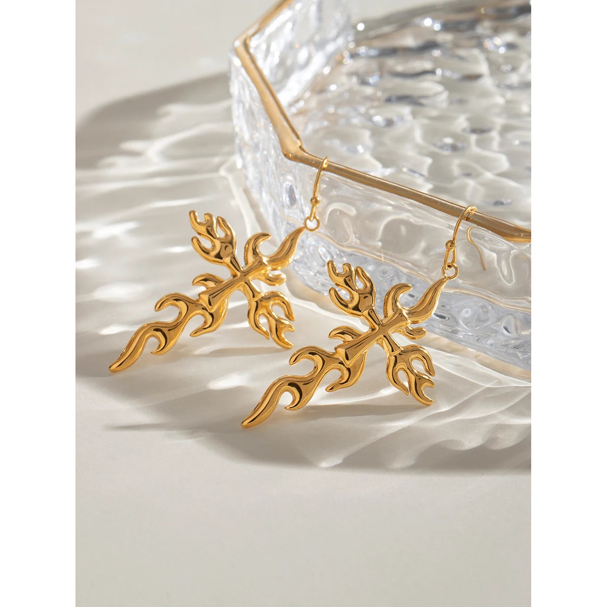 Creative 18K Gold Plated Stainless Steel Geometric Cross Flame Hook Earrings Women Waterproof Attractive Romantic Jewelry