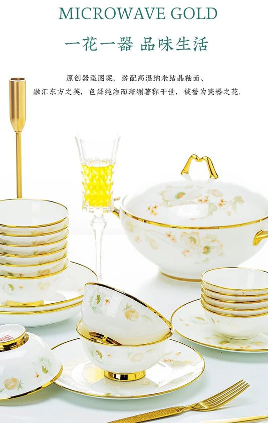 Jingdezhen Ceramic Tableware, Light Luxury Bone Porcelain Tableware Set, Household Bowl and Chopstick Plate Combination