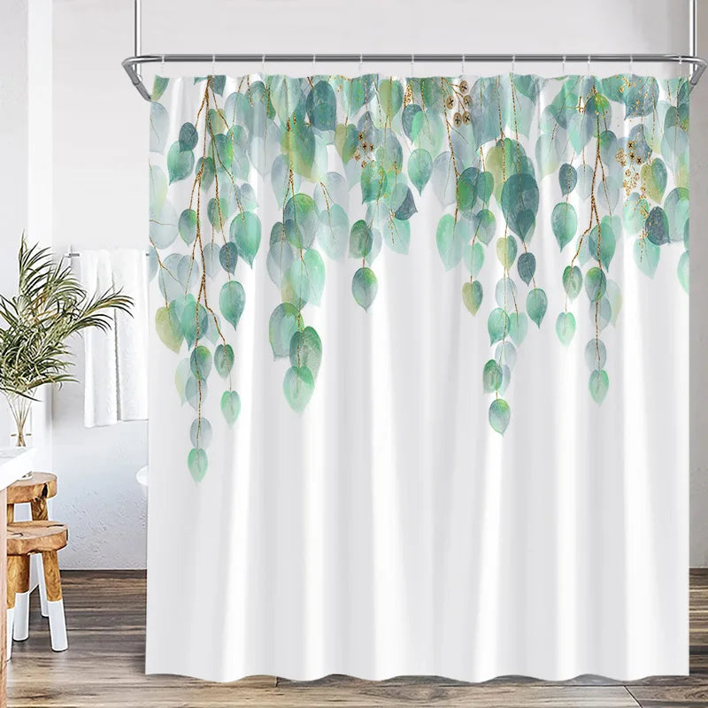 Blue Leaves Shower Curtain Watercolour Plant Eucalyptus Leaf Modern Simple Home Bathroom Decor Fabric Bath Curtains With Hooks