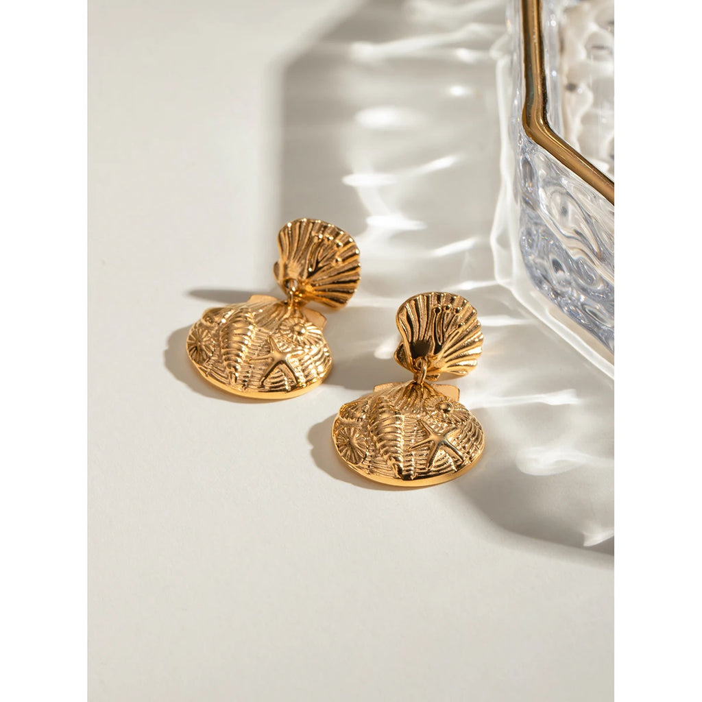 18K PVD minimalistisk rustfrit rustfrit stål Muslingeskal Søstjerne Ocean øreringe Anti-allergiske kvinder Vandtætte strandsmykker