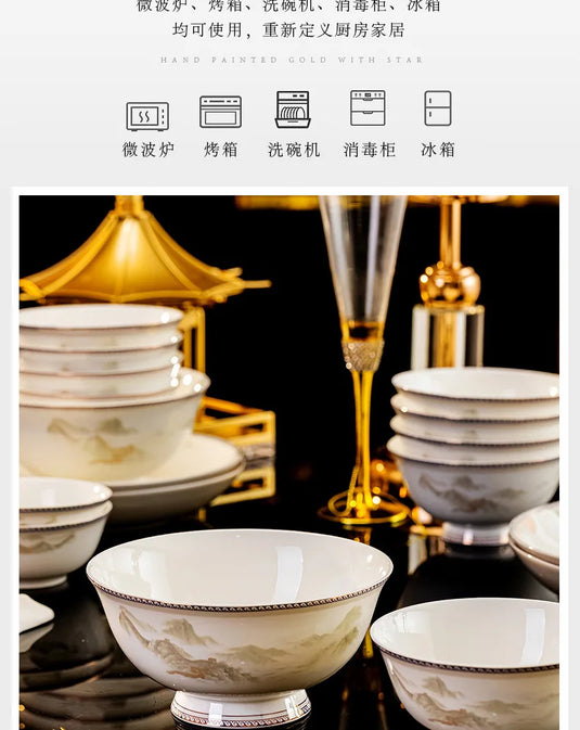 Jingdezhen dish set housewarming tableware set bowl and plate ceramic tableware set light luxury plate bowl