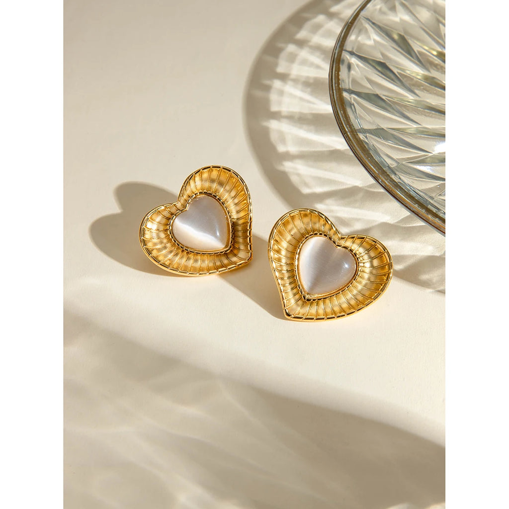 Edelstahl Liebesherz Weiße Katze Opal Ohrringe 18K Goldbeschichtet Rostfrei Temperament Charme Schmuck Bijoux für Frauen