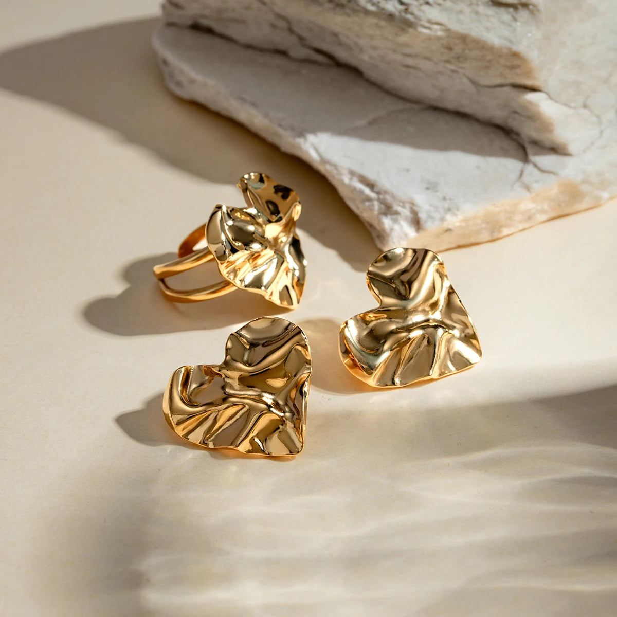 Waterproof 18K PVD Stainless Steel Geometric Hammer Grain Love Heart Opening Ring Charm Metal Simple Jewelry Bijoux Femme New