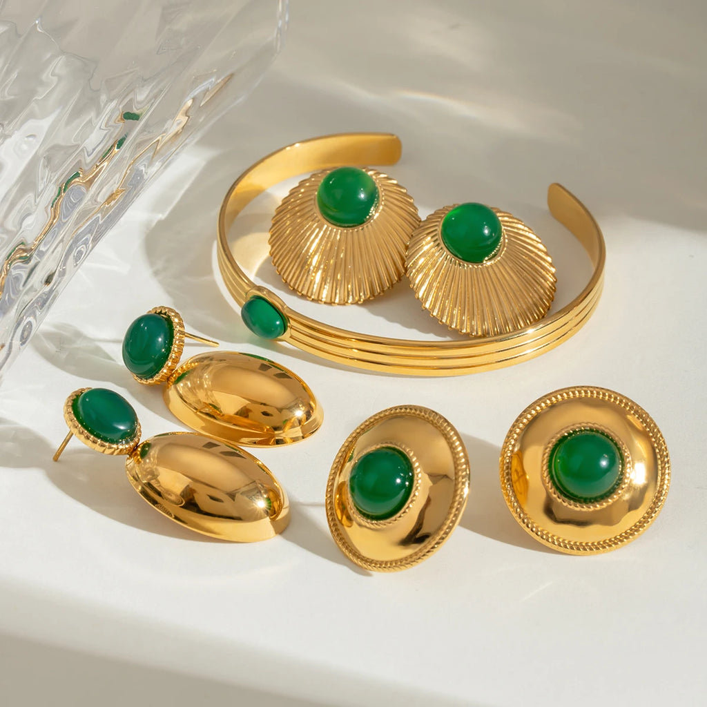 Stainless Steel 18K Vintage Round Green Agate Set Pendant Earrings Open Bangle Rust-proof Attractive Jewelry Accessories