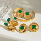 Stainless Steel 18K Vintage Round Green Agate Set Pendant Earrings Open Bangle Rust-proof Attractive Jewelry Accessories