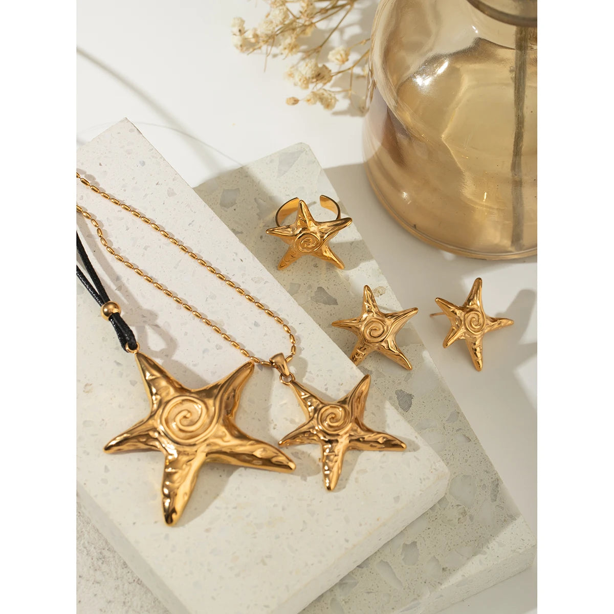 Summer Beach 18k Gold Plated Stainless Steel Vintage Threaded Starfish Necklace Earrings Open Ring Set Women Charm Jewelry Gift