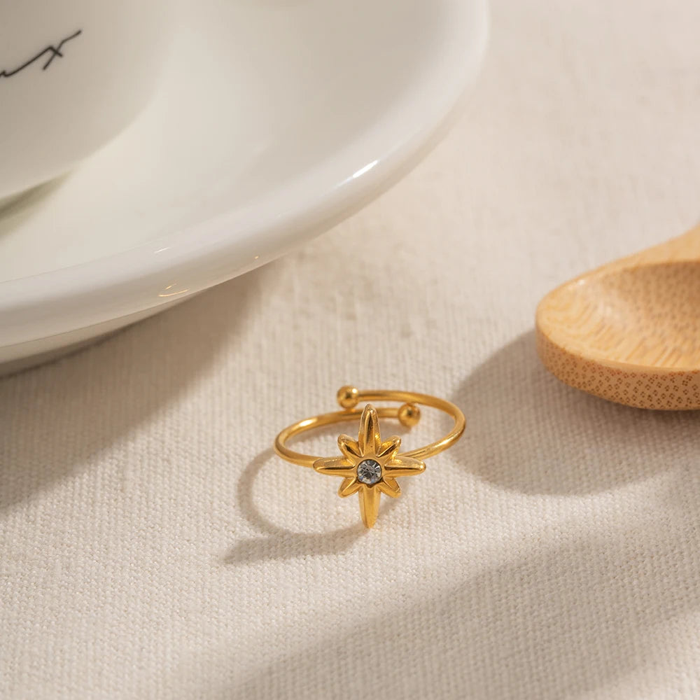 Ny Vintage Octagram Design Sommer 18K guldbelagte smykker Justerbar Rustfrit Stål Vandtæt Ring Til Damer Smykker Gave