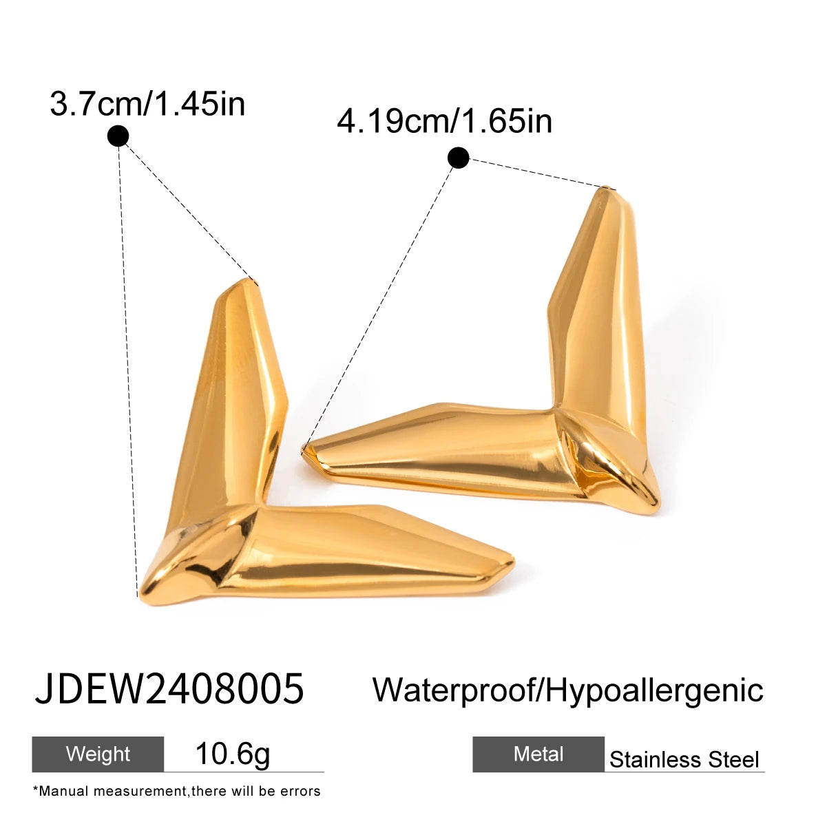 High-Grade 18K Gold Plated Stainless Steel Geometric V-shaped Unusual Earrings Waterproof Attractive Prevent Allergy Jewelry