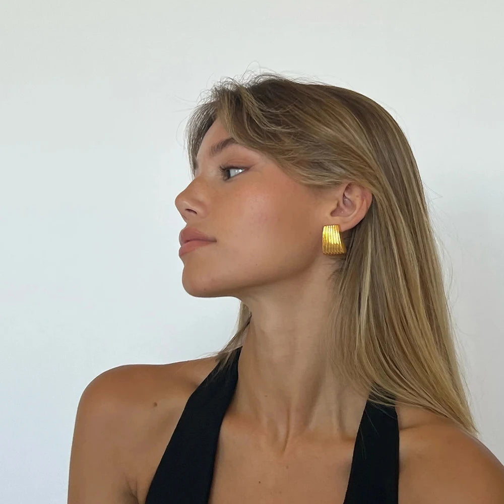 18k Gold Plated Stainless Steel Minimalist Fashion Striped Trapezoidal Earrings Rust Proof Prevent Allergy Trendy Charm Jewelry - Grand Goldman