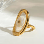 Kreativer 18K vergoldeter Edelstahl Oval Muschel Blumen Stahlperlen Offener Ring Damen Antiallergischer Charme Täglicher Schmuck