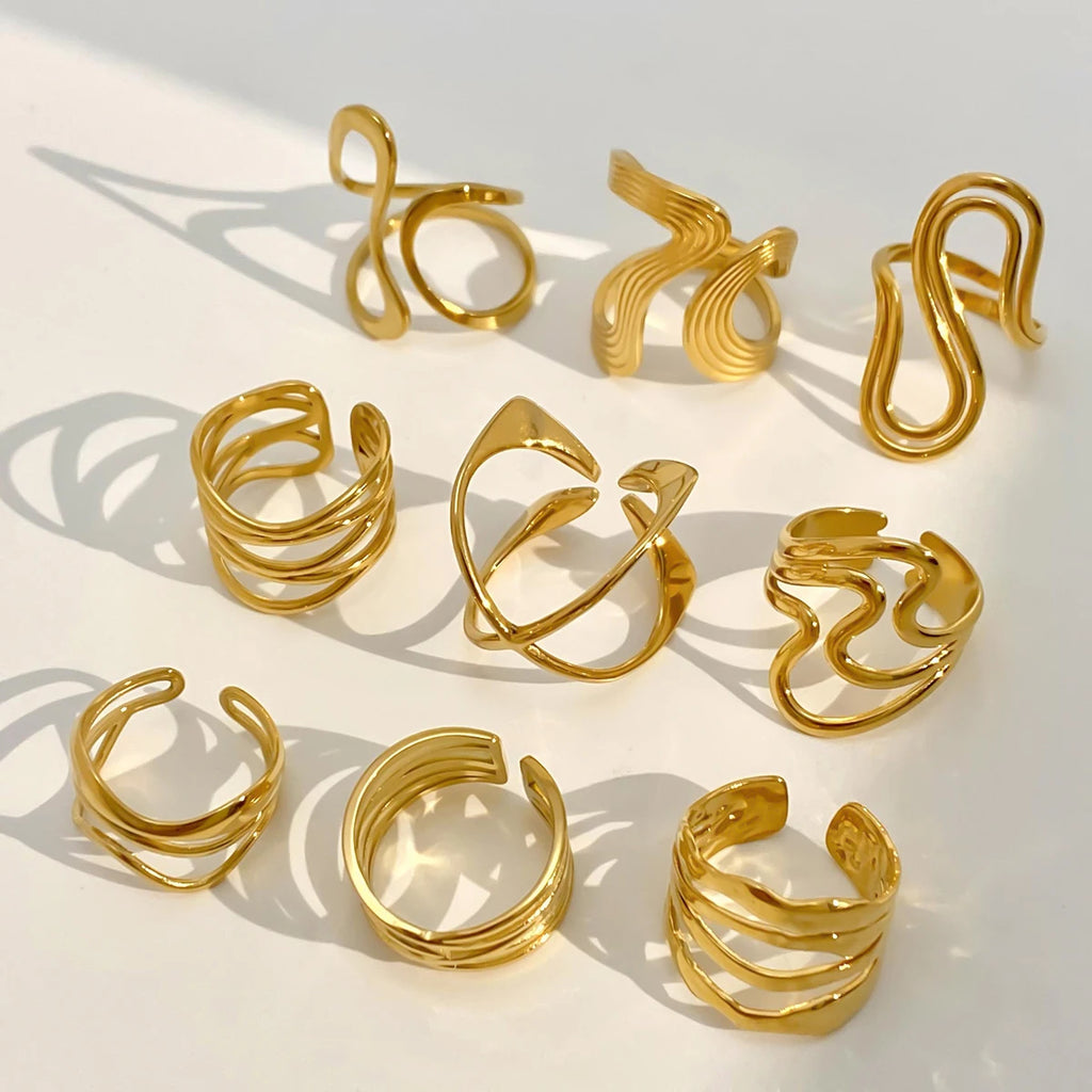 Statement 18K Gold Plated Stainless Steel Multilayer Geometric Irregular Ring Waterproof Fashion Unusual Textured Jewelry