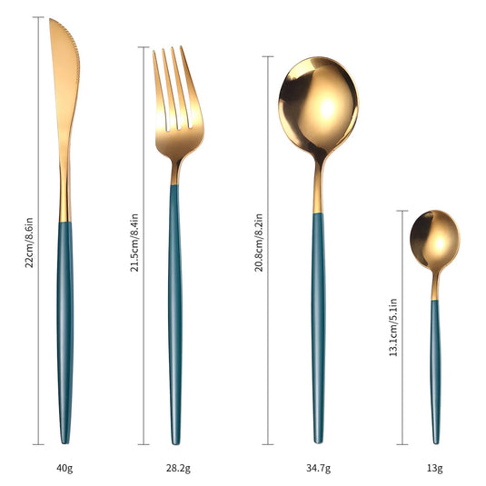 Rustfrit stål kniv, gaffel, ske, forgyldt og malet 24 dele servicesæt