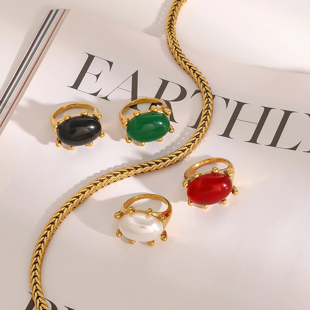 Exquisite 18k Gold Plated Stainless Steel Vintage Exaggerated Inlaid Green Agate Ring Size 7 Women Trendy Charm Chic Jewelry