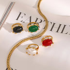 Exquisite 18k Gold Plated Stainless Steel Vintage Exaggerated Inlaid Green Agate Ring Size 7 Women Trendy Charm Chic Jewelry