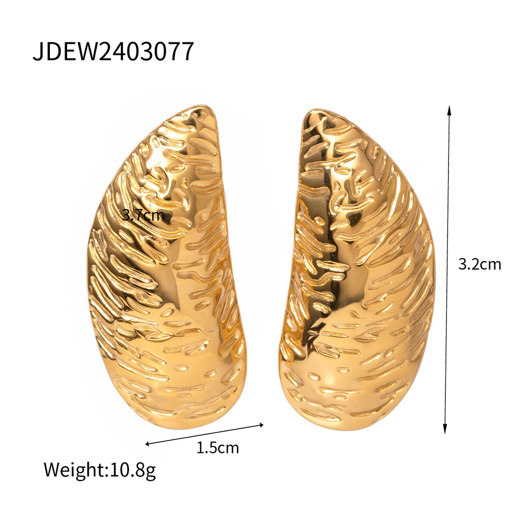 Vintage 18K Gold Plated Water Drop Shaped Irregular Texture Earrings Stainless Steel Statement Stylish Waterproof Jewelry Women