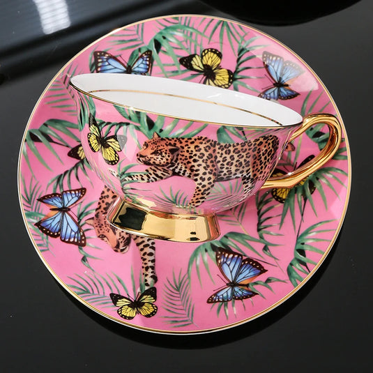 TIGER Creative Pink Bone Kina-krus Håndmalet Leopard Forest Cheetah Keramisk kaffekop med guldelementer, 200 ml elegant luksus tesæt til hjemmekontorbar og udendørs brug Perfekt gave Stilfuld emballage