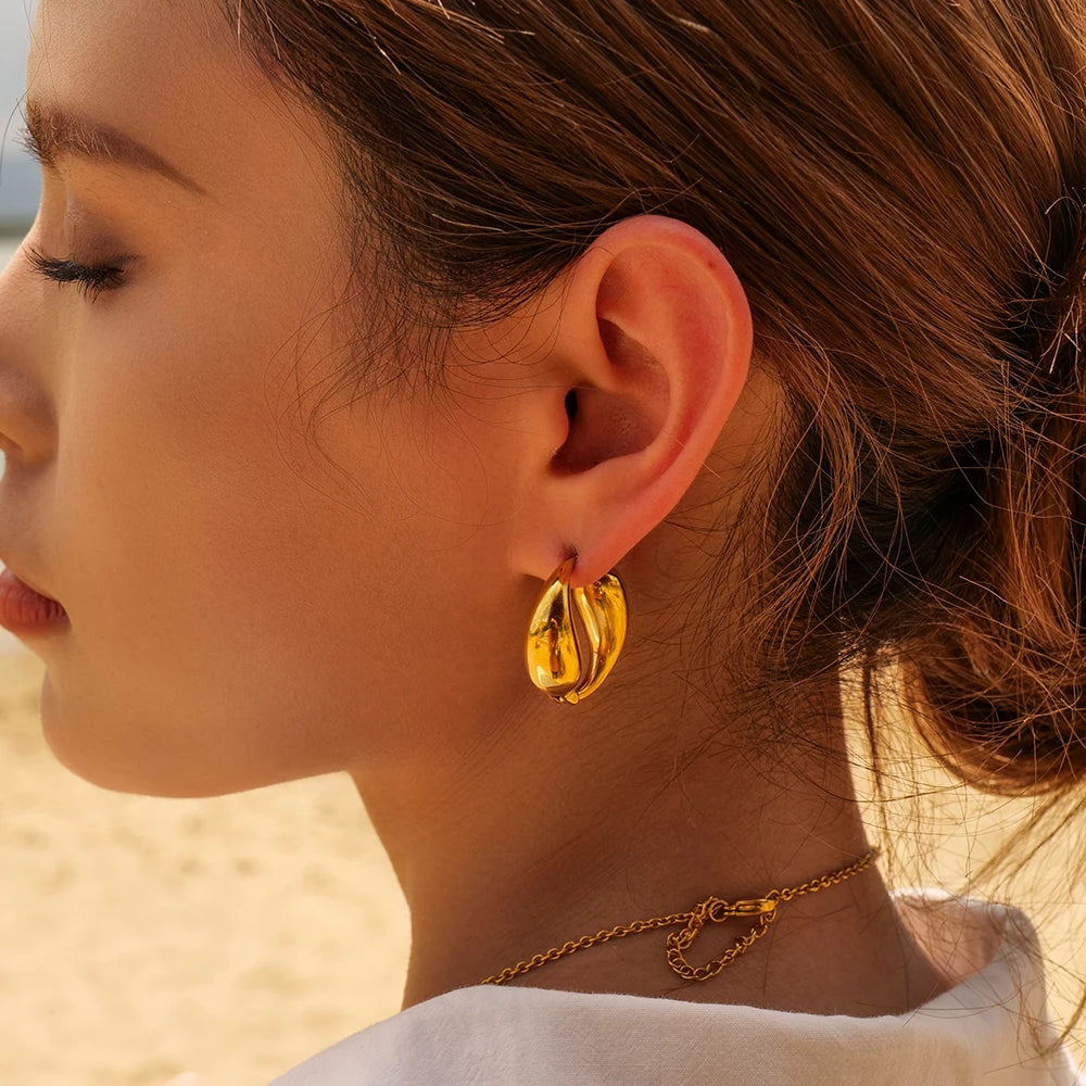 Vintage Metal Textured 18k Plated Gold Stainless Steel O-shaped Pendant Two Water Drop Earrings Personality Charm Jewelry Women