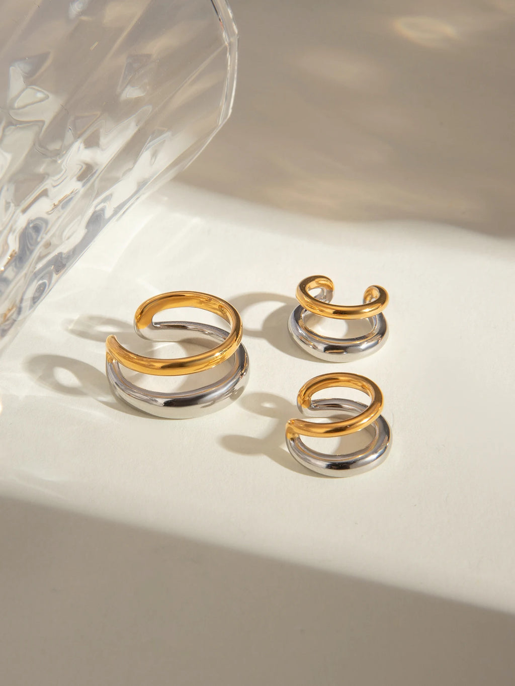 Retro 18k Gold Plated Stainless Steel Color-matching Double Layer Opening Ring Ear-clip Set for Women Charm Stylish Jewelry