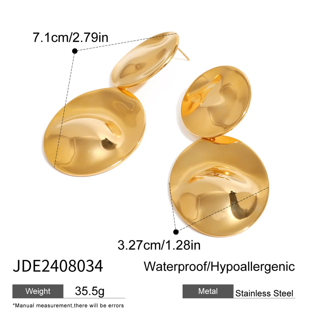18K Gold Plated Stainless Steel Metal Oval Large Smooth Concave And Convex Earrings Women Daily Metal Texture Trendy Jewelry - Grand Goldman