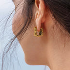 Stylish Unique Metal Textured Square Bean Hoop Earrings Steel 18k Gold Plated Women Anti Allergic Metal Distinctive Jewelry