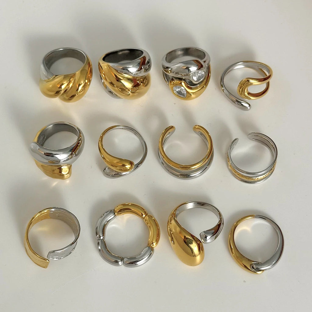 Vintage 18K Gold Plated Stainless Steel Parallel Double Line Irregular Open End Ring Women Anti Allergic Charm Daily Jewelry