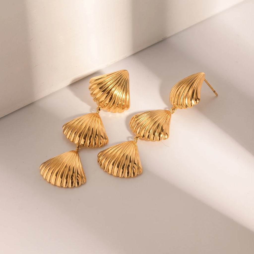 Sea Starfish Shell Series Vintage 18K Gold Plated Open Ring Stud Earrings Stainless Steel Statement Waterproof Jewelry Women