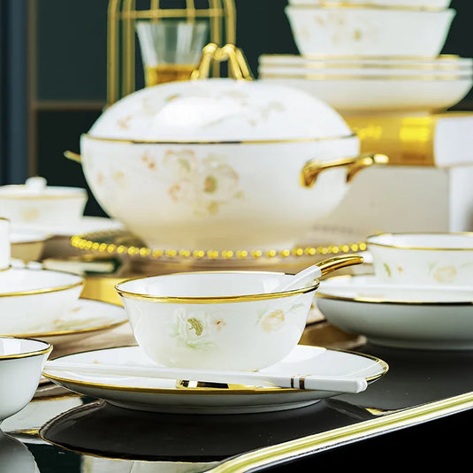 Jingdezhen Ceramic Tableware, Light Luxury Bone Porcelain Tableware Set, Household Bowl and Chopstick Plate Combination